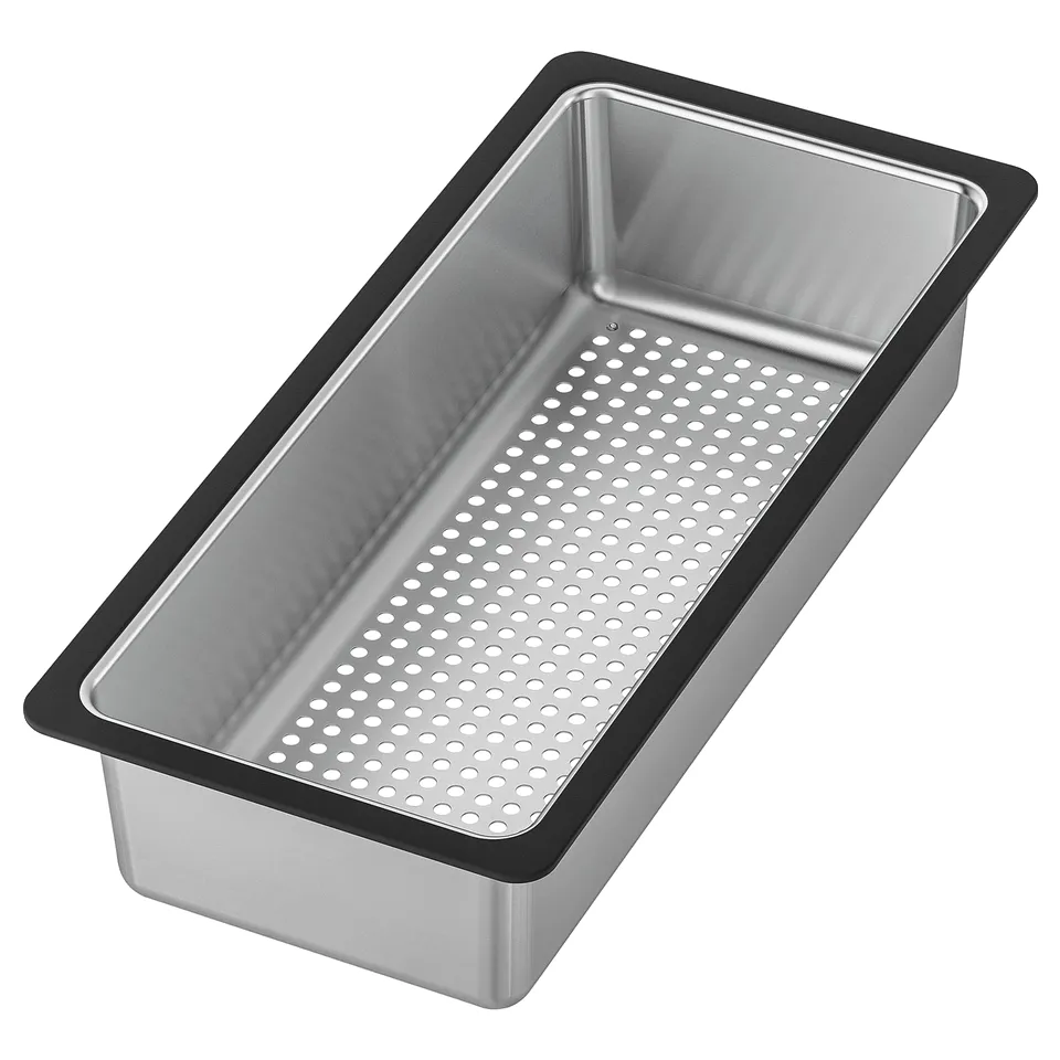 NORRSJÖN colander fits vresjön sinks, stainless steel with black rubber edges, rectangular, sleek design.