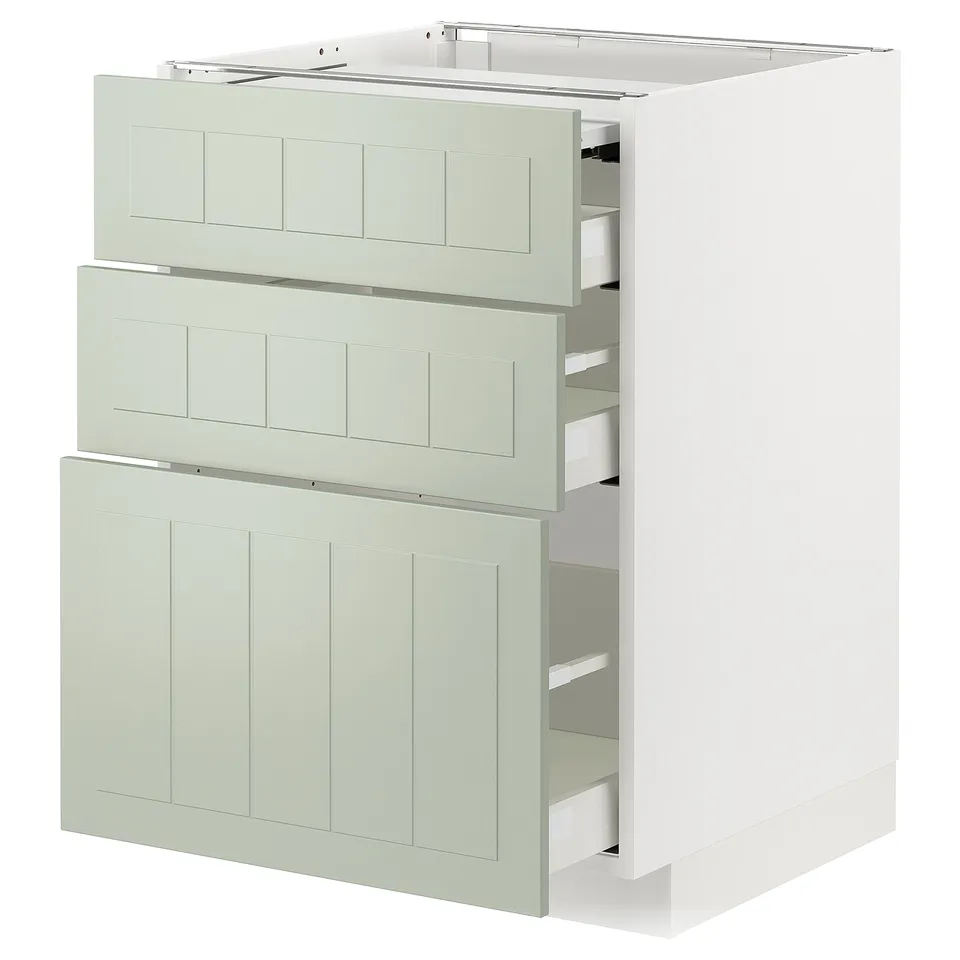 METOD kitchen unit in green with three drawers.