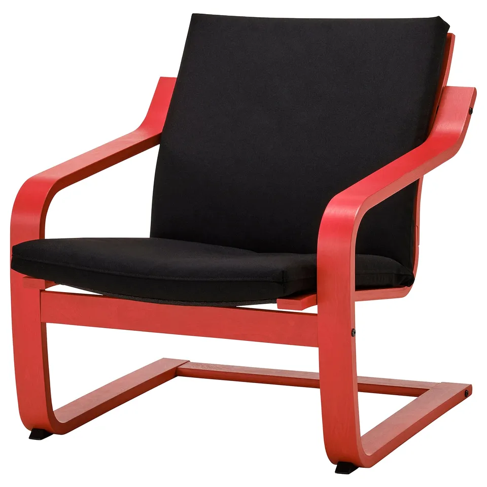 Red POÄNG chair with black cushion, modern curved shape, comfortable, rocking feature.