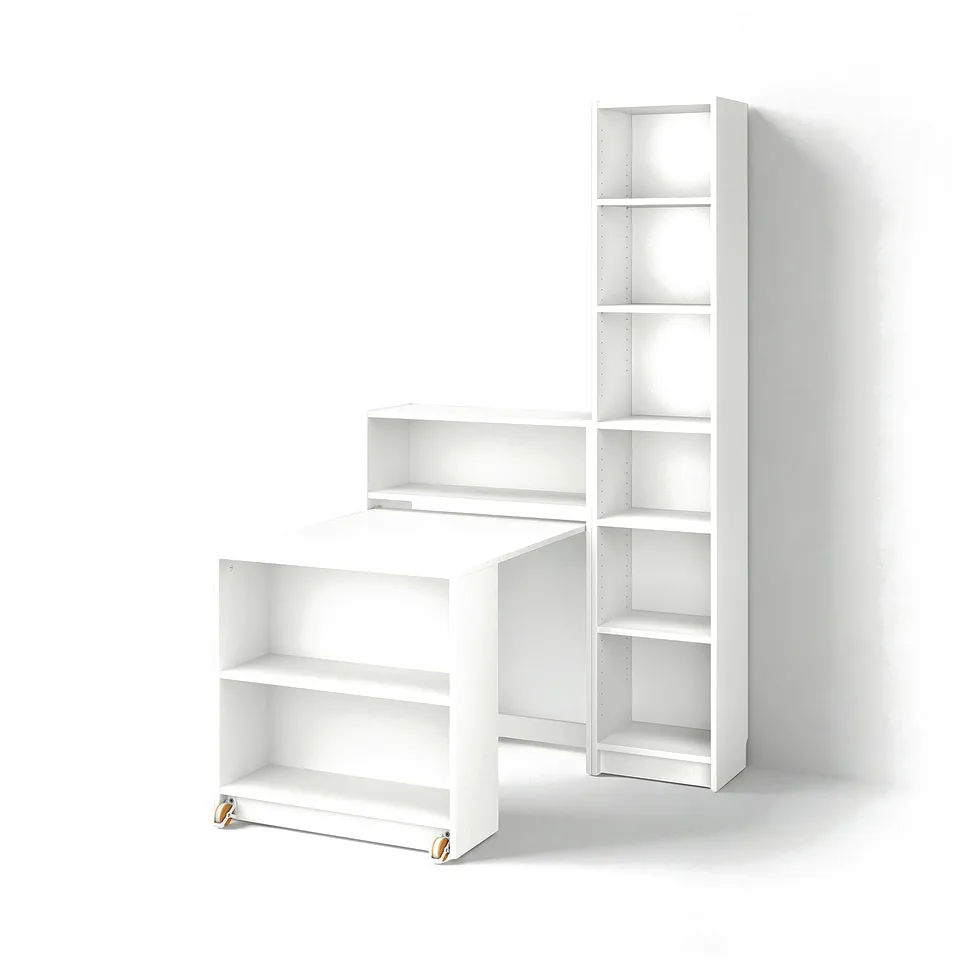 White BILLY bookcase with foldable table, versatile storage, extendable.