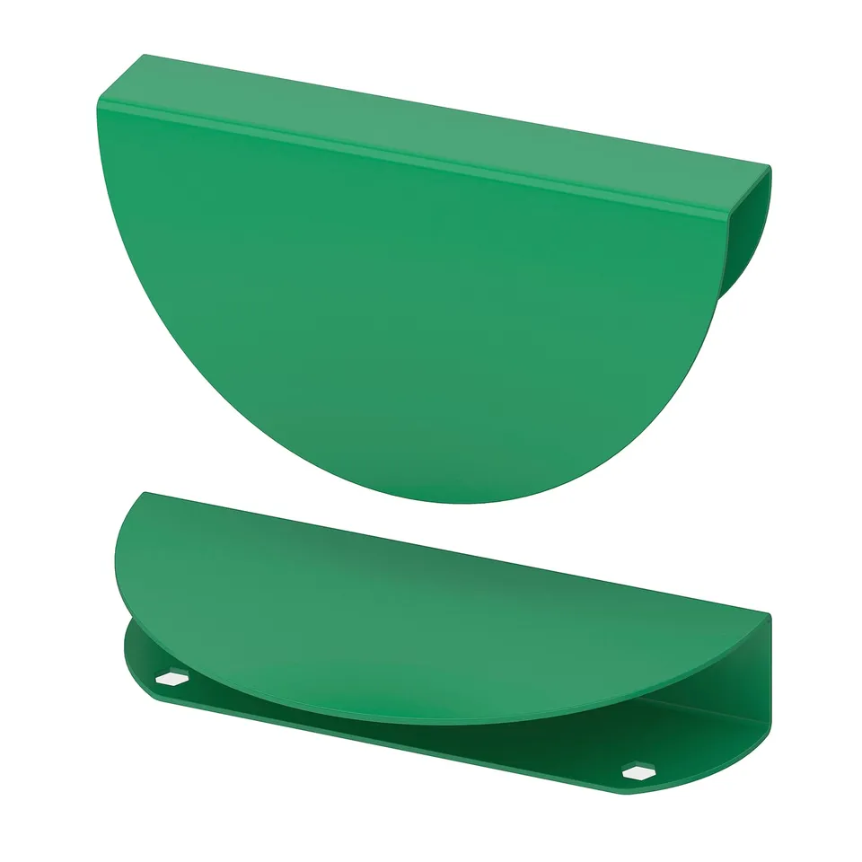 Displays two green BEGRIPA handles, made of coated steel. They are semi-circular with smooth edges, designed for easy grip.