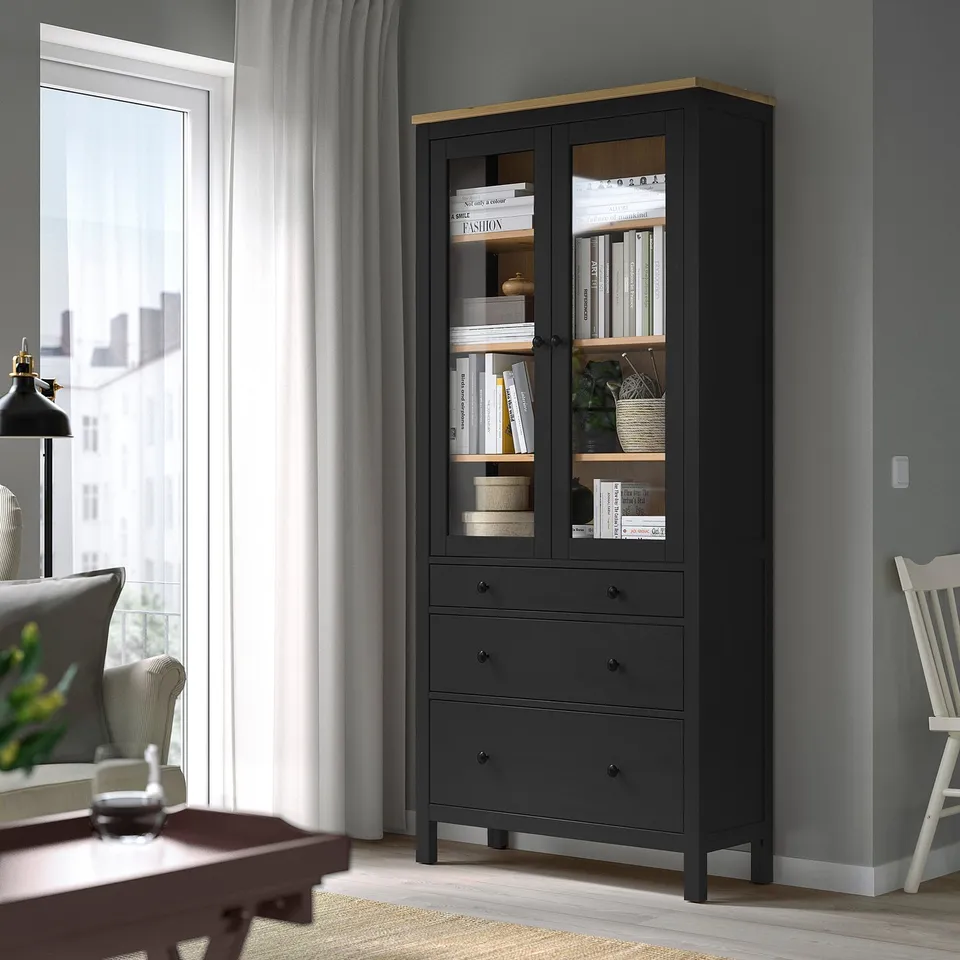 HEMNES Glass-door cabinet with 3 drawers, black-brown/light brown, 90x197 cm
