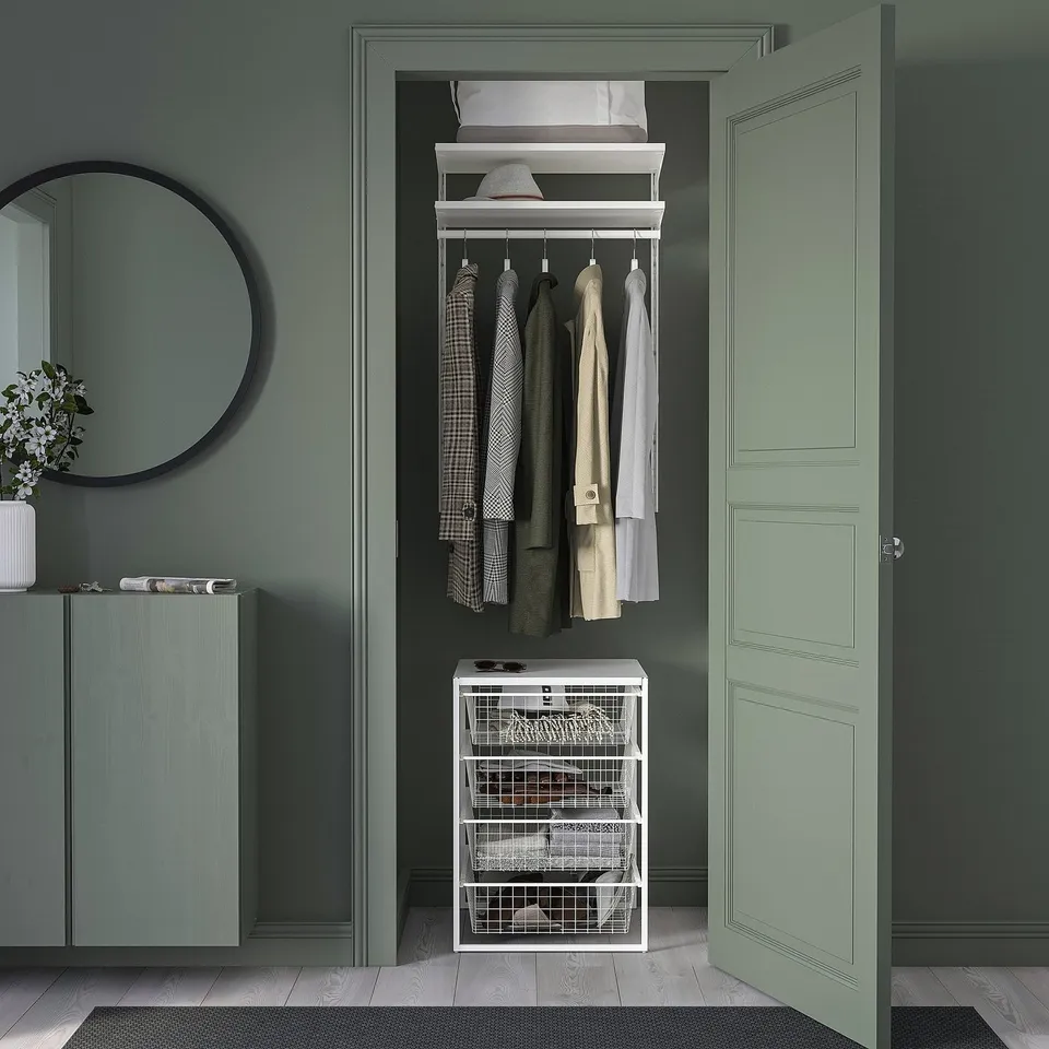JONAXEL steel closet storage, compact with wire basket and shelf.
