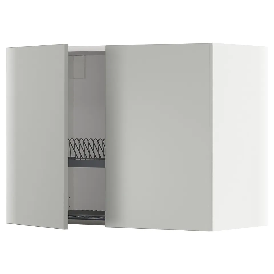 METOD kitchen cabinet in light grey with open door, metal dish rack visible.