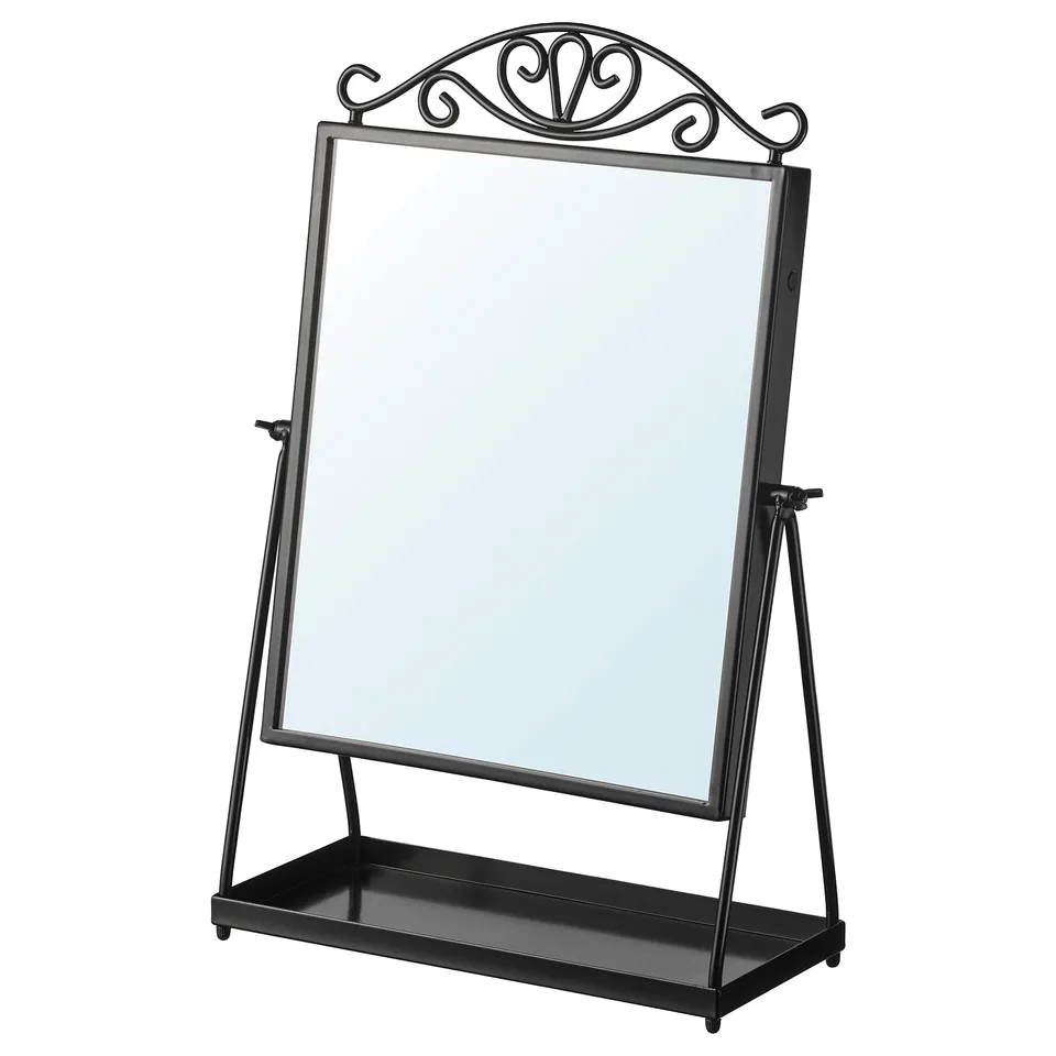 Black KARMSUND mirror: adjustable, with shelf, ornate top, steel & glass.