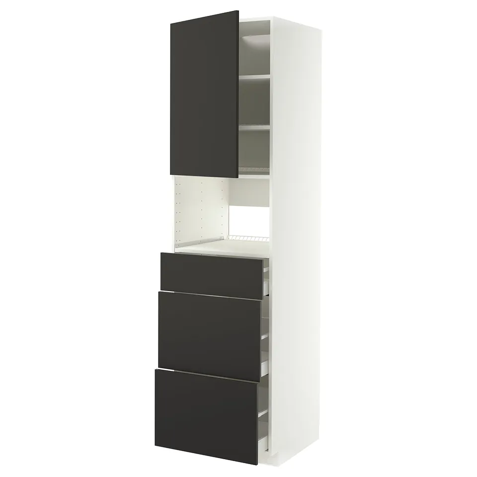 A white and black METOD kitchen unit with three drawers and an open cabinet. The unit modern, minimalist design with a sleek finish.