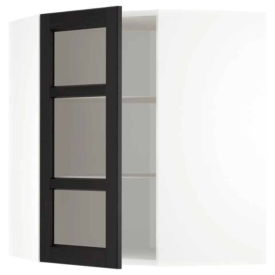 METOD kitchen unit with black stained glass doors and bevelled edges.