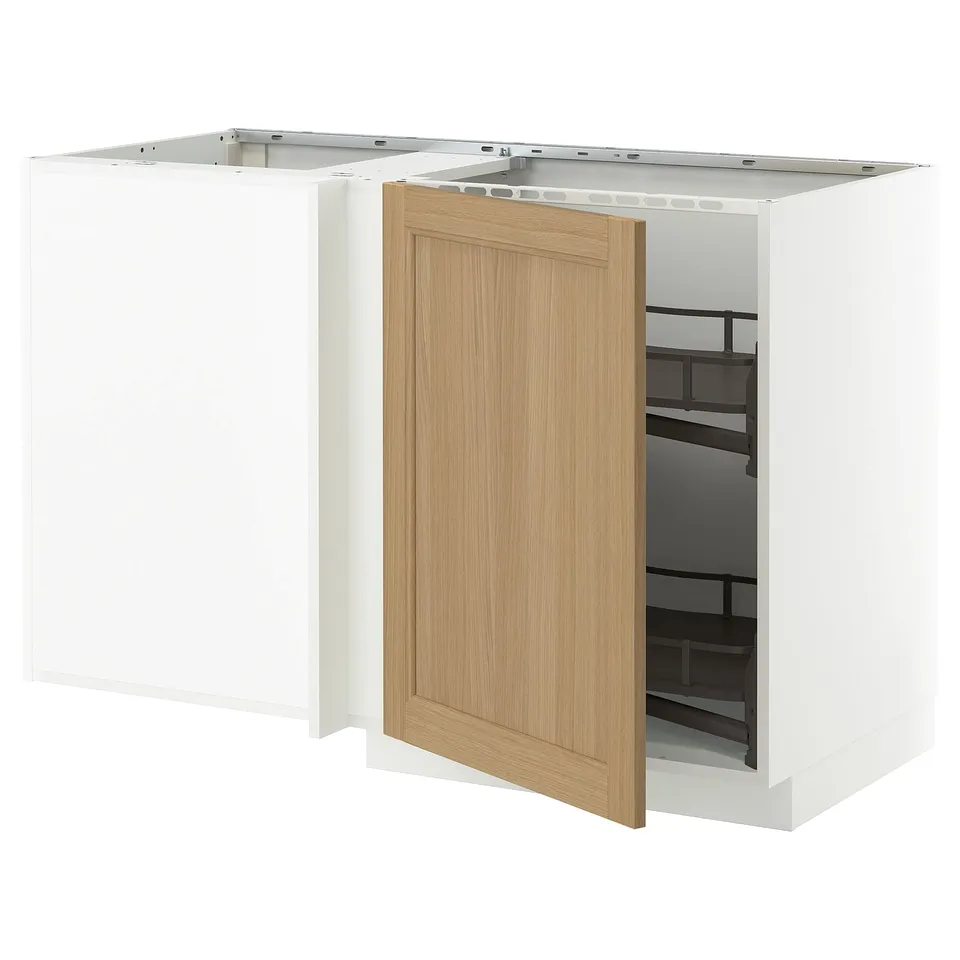 A white METOD kitchen cabinet with an oak door partially open, revealing a pull-out shelf.