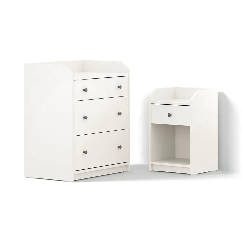 A white HAUGA bedroom furniture set, consisting of a 3-drawer chest and a bedside table, both with minimalist, rectangular shapes and smooth finishes.