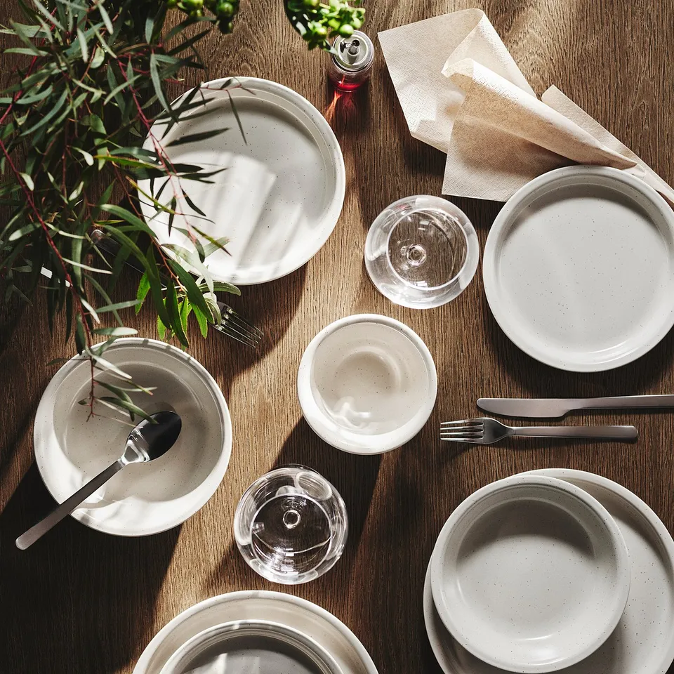 DAGGASTER stoneware table setting. Light beige plates, bowls, & glasses. Rustic, speckled design, among greenery and napkins.