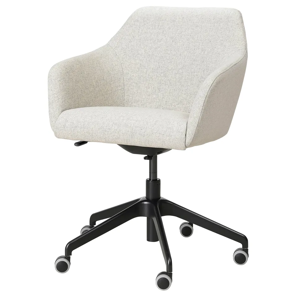 TOSSBERG chair: light grey, curved fabric seat with armrests, black metal base, five wheels, padded for comfort.