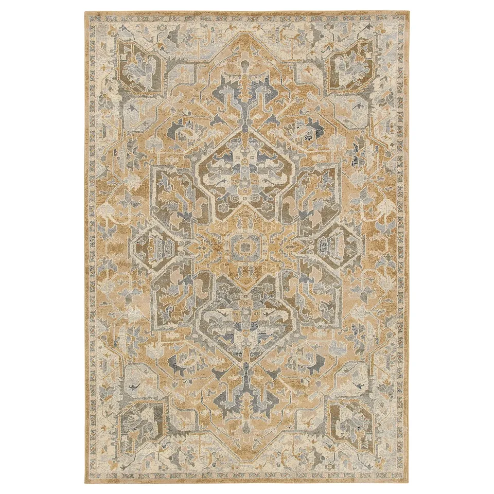 Beige & grey JÄRNVÄG rug with traditional patterns, durable & easy to clean.