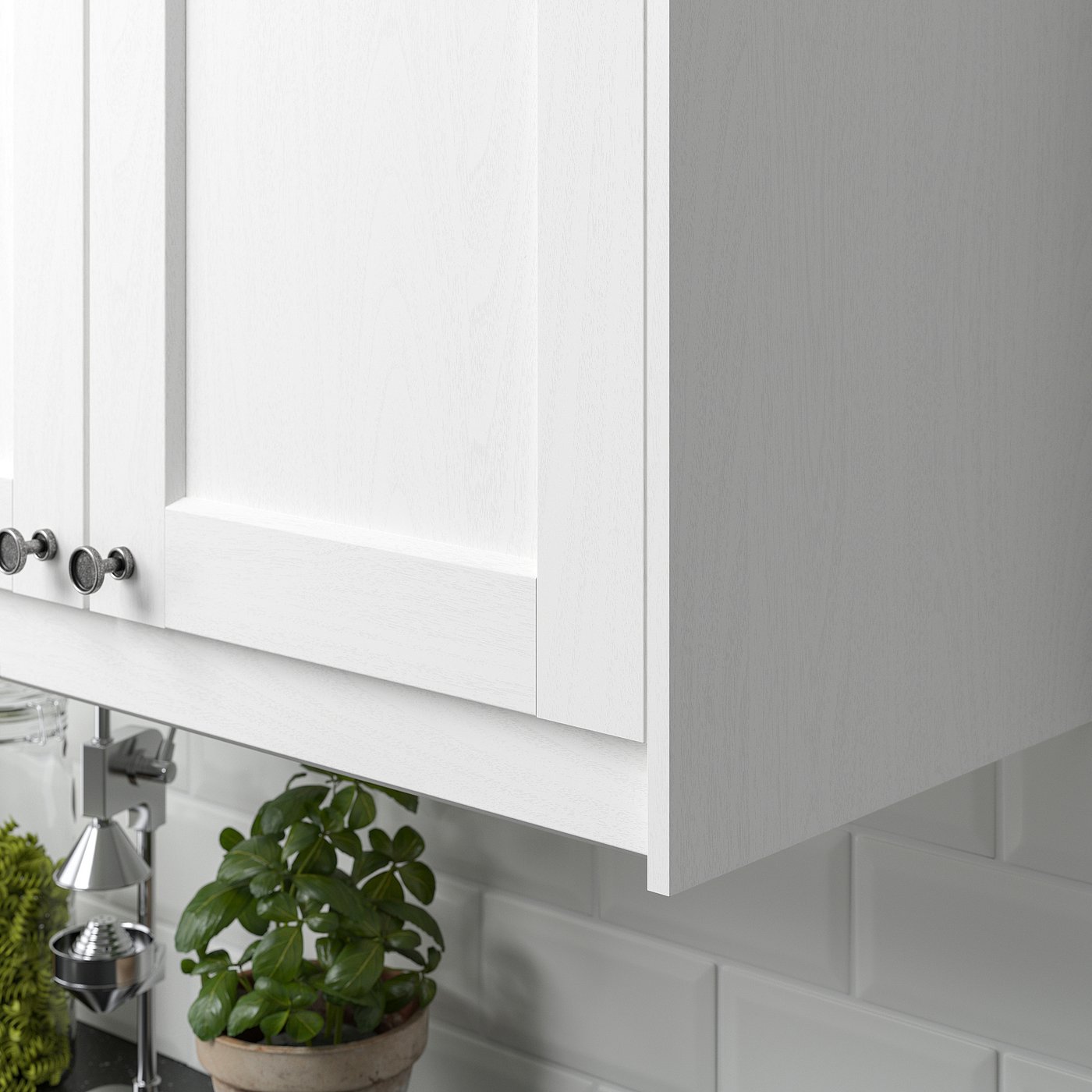 White cabinet with wood grain trim, hiding lights.