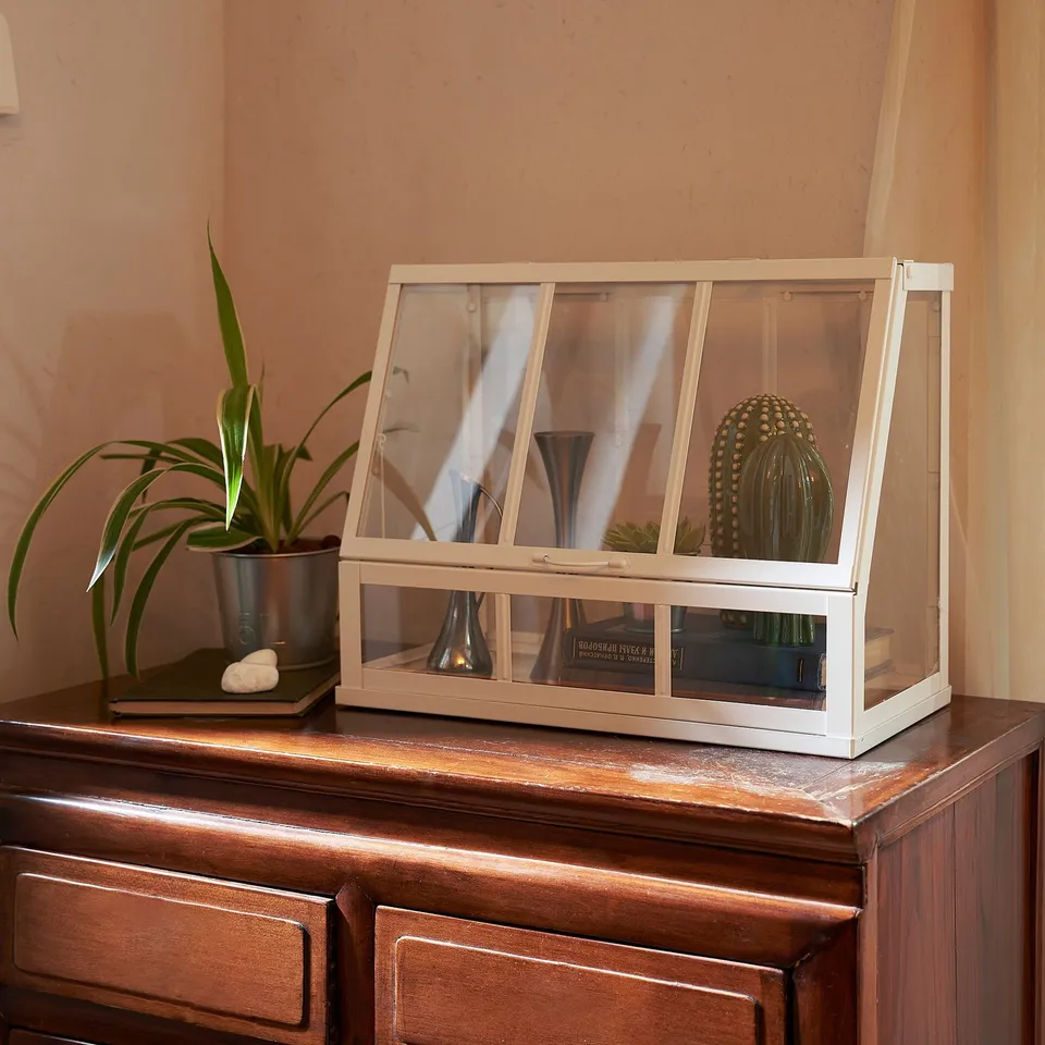 Greenhouse on dresser with plant & decor.