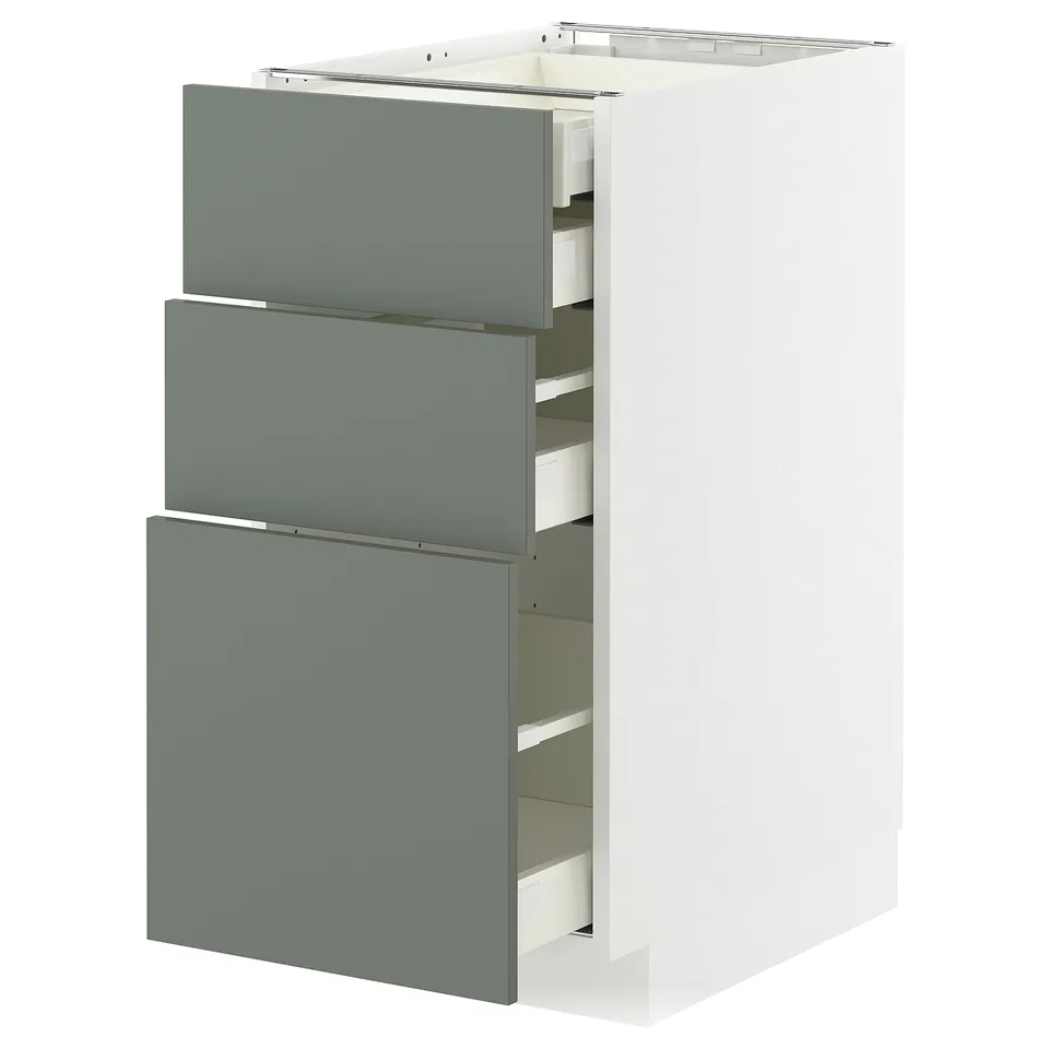 METOD kitchen unit with 3 grey-green drawers, modern design, sturdy & smooth.