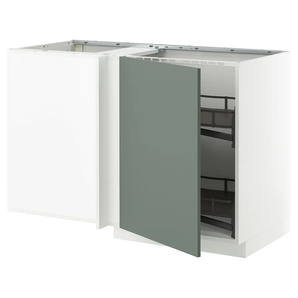 A white METOD corner kitchen cabinet with a green-gray door open, revealing interior shelves.