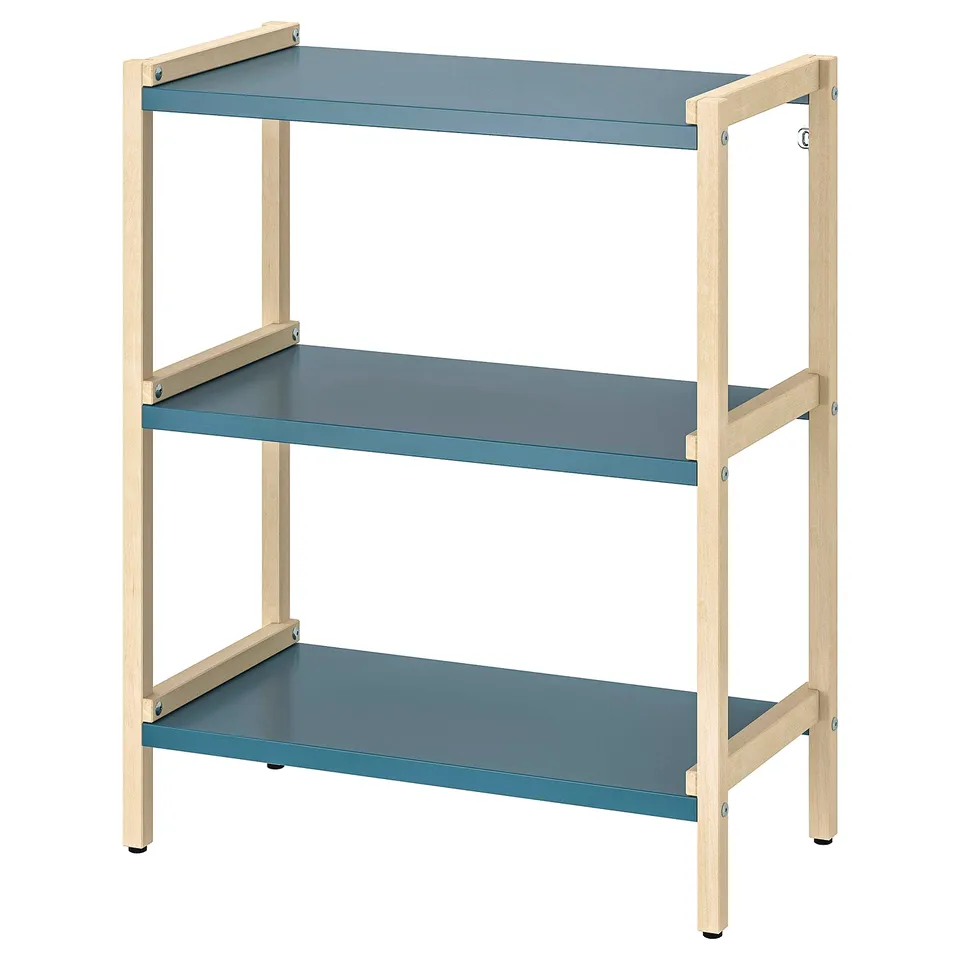 An EKENABBEN shelf, light blue, with three open compartments, made of metal and wood, standing against a white background.