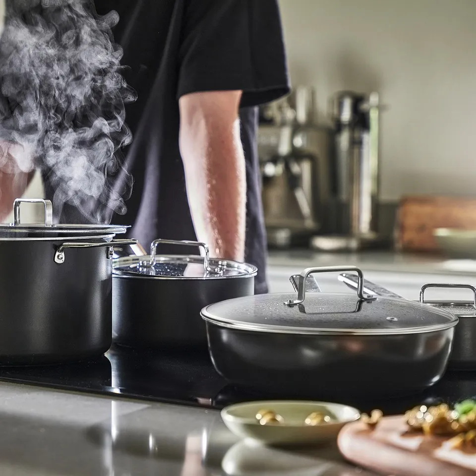 GULDÖRING 8-piece cookware set, non-stick coating stainless steel/black-grey