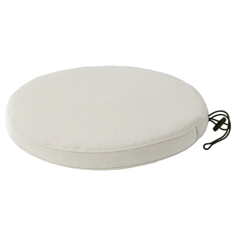 FRÖSÖN/DUVHOLMEN round, white cushion with black strap, recycled, outdoor.