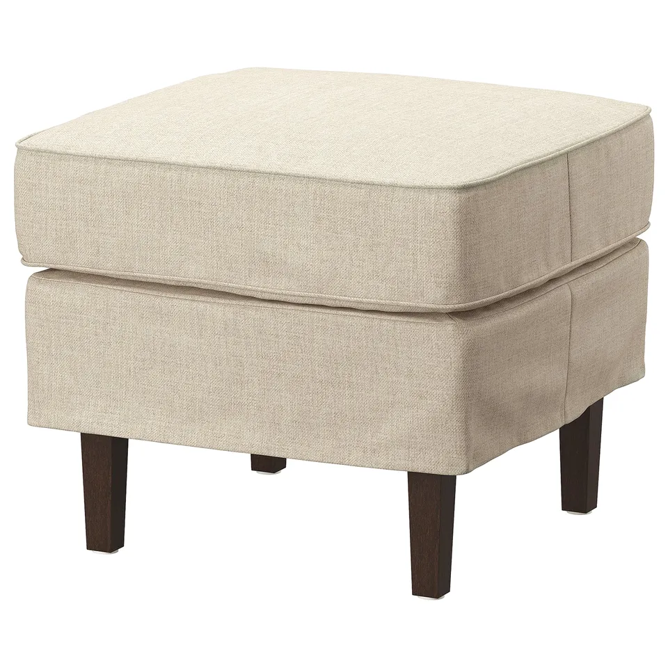 ROCKSJÖN beige ottoman, lightweight, square shape, textured fabric, wooden legs.