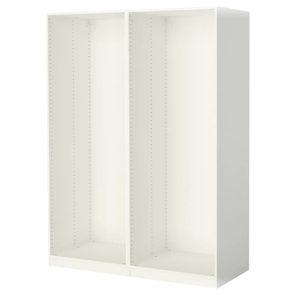 A white IKEA PAX wardrobe frame, rectangular, minimalist with holes for customising shelves.