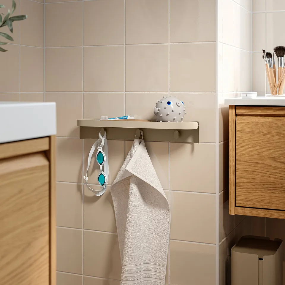FLORSJÖN Wall shelf with 3 hooks, beige, 40x7 cm