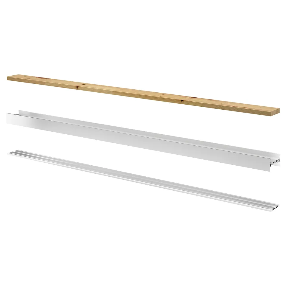 SKYTTA silver aluminium & pine sliding door hardware set, includes top, bottom, and support rails for floor-to-ceiling installation.