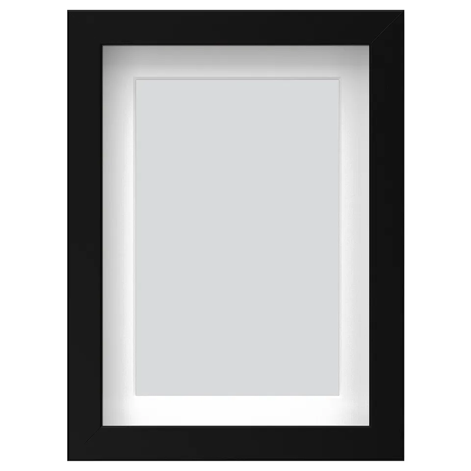 Black RÖDALM picture frame, rectangular, with white mat, versatile display options, modern sleek design.