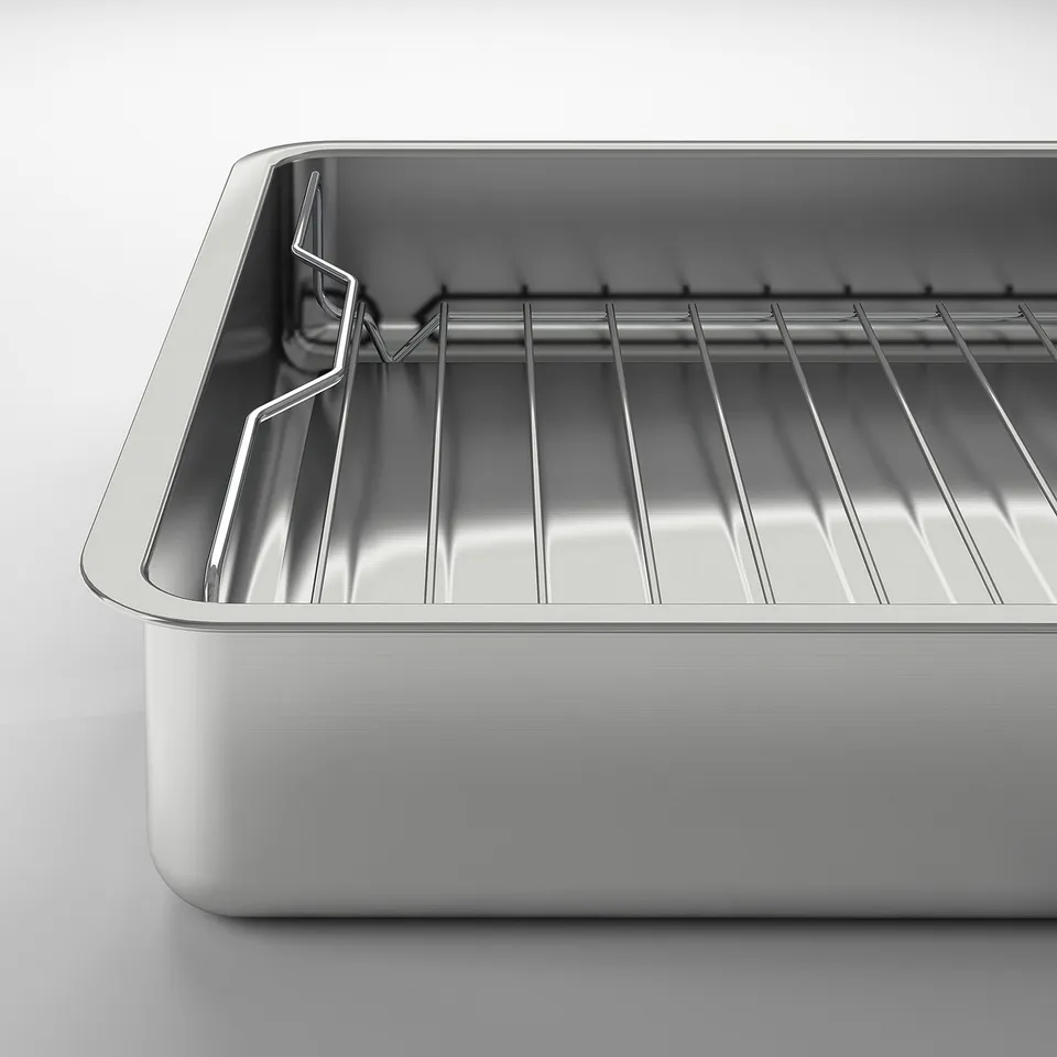 Stainless steel roasting tin with a grill rack. High-quality, durable material.
