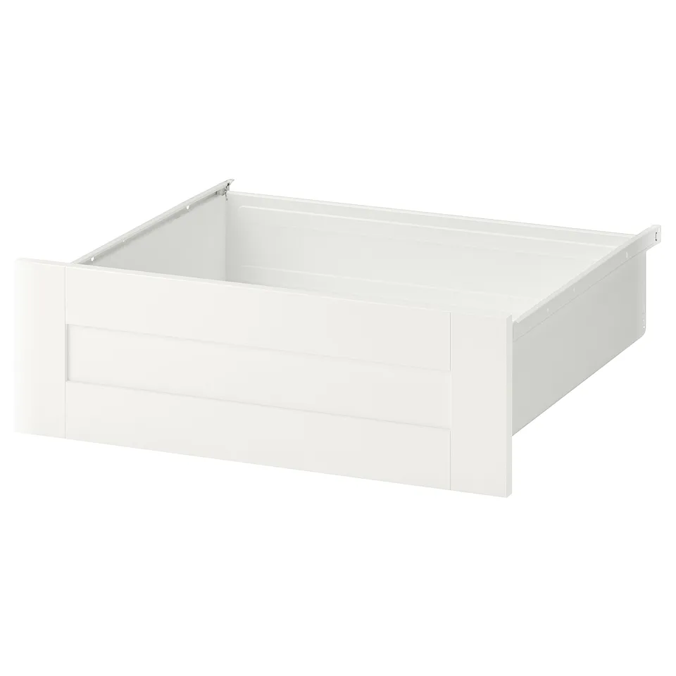 A white SANNIDAL drawer, simple and clean, made of steel and particleboard, with a rectangular shape and traditional design.