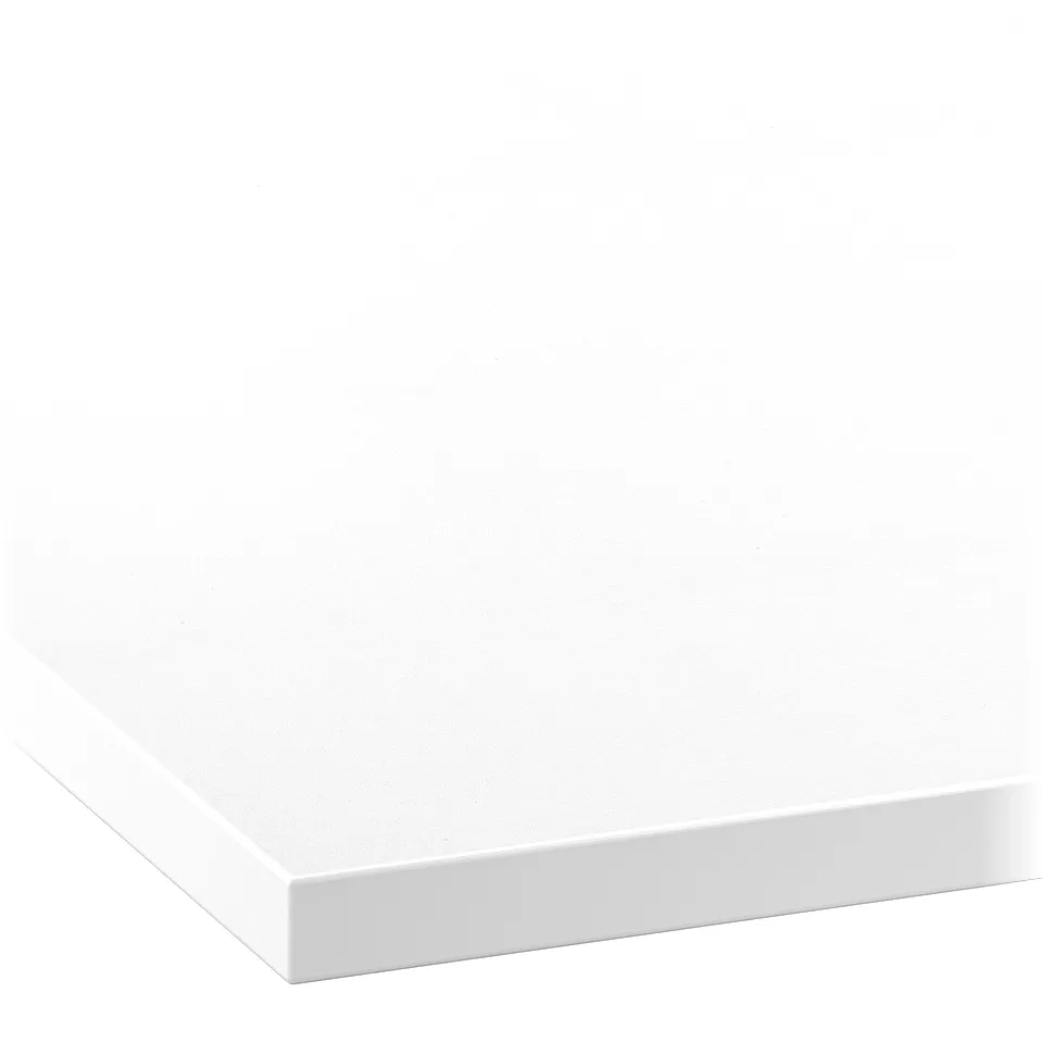 Clean, white laminate countertop with smooth, finished edges, showcasing modern, durable design.