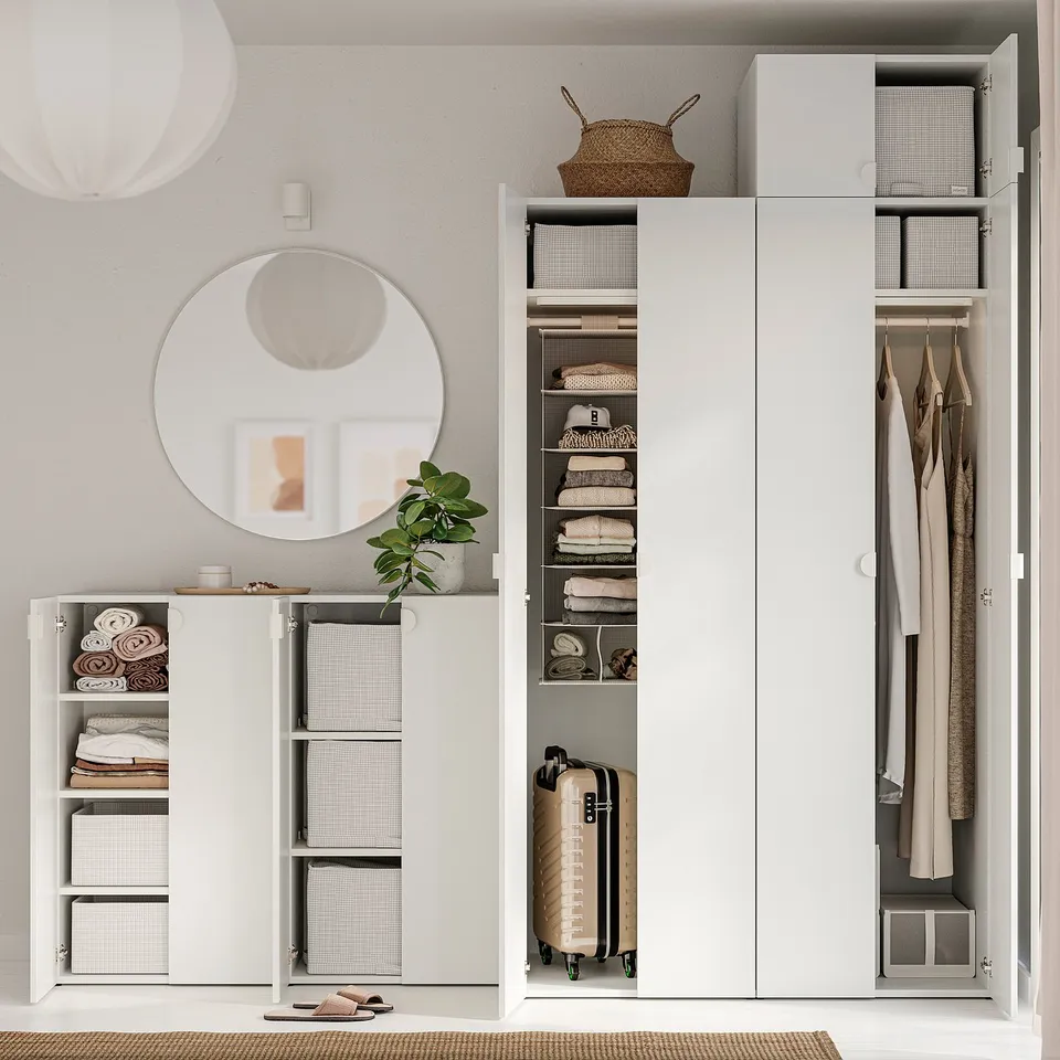 White wardrobe with shelves, hanging space, storage bins, and luggage compartment.