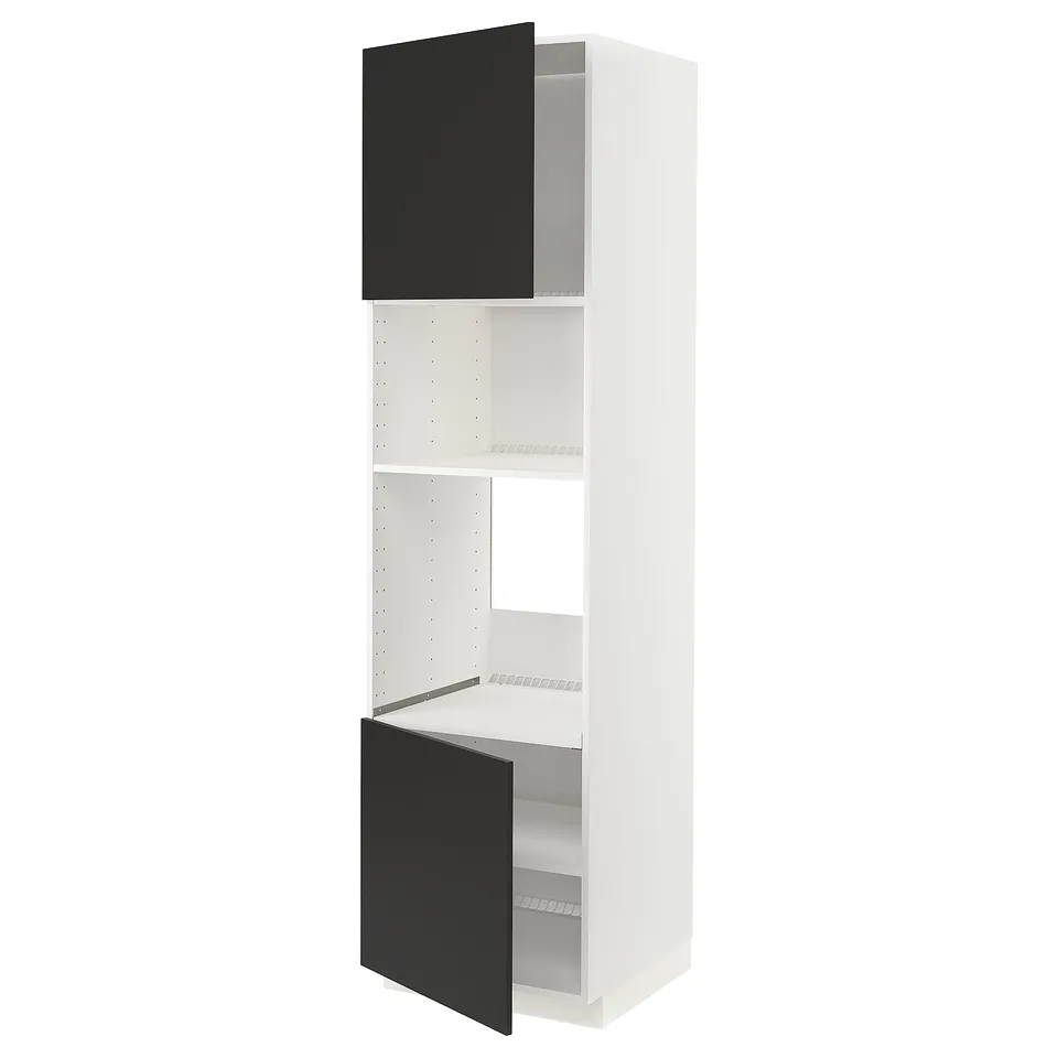 An ikea METOD white kitchen cabinet with black doors, showcasing shelves inside.