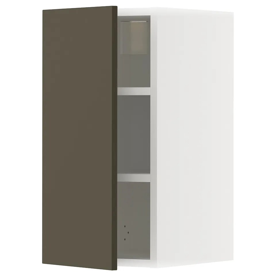 A dark brown and beige ikea METOD kitchen wall cabinet with adjustable shelves.
