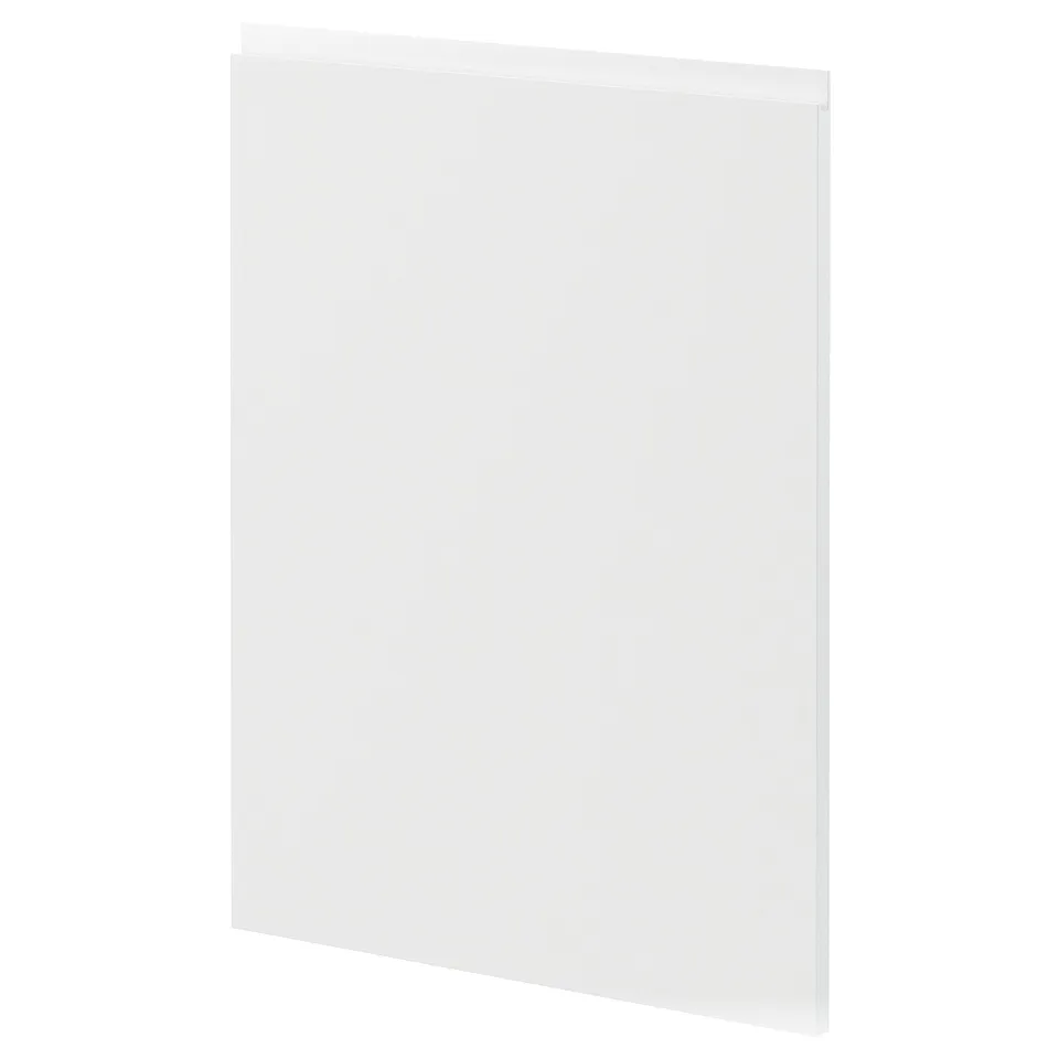 White modern minimalist cabinet door with integrated handles, made of recycled plastic foil and particleboard.