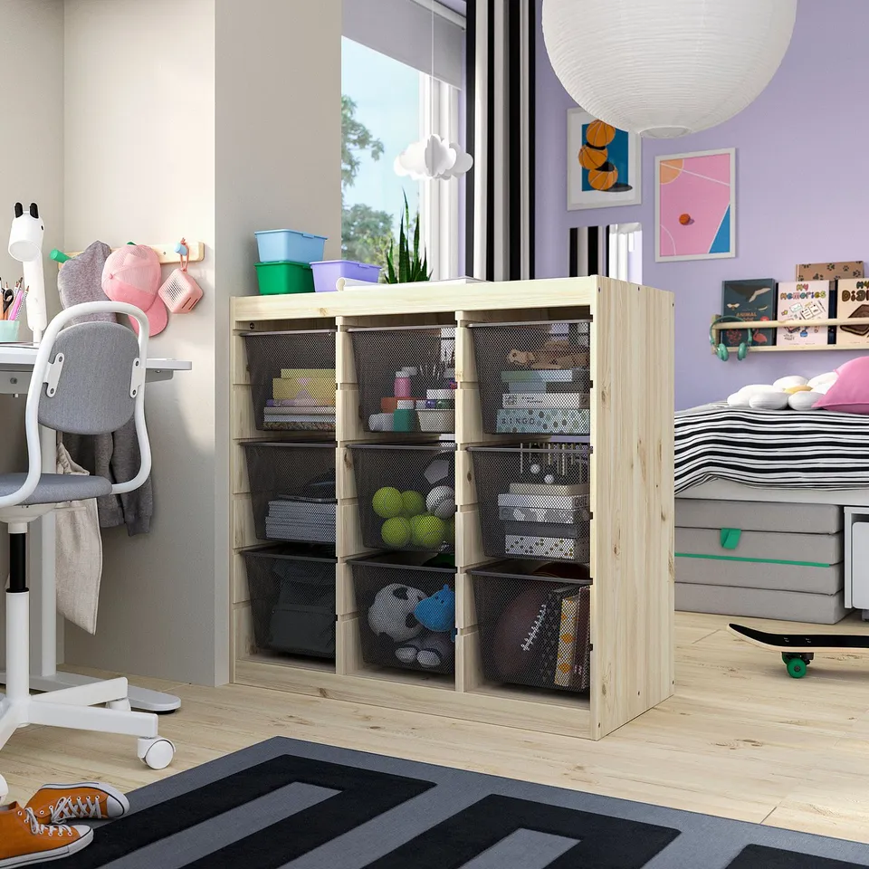 TROFAST Storage combination with boxes, room divider/light white stained pine dark grey, 93x44x91 cm