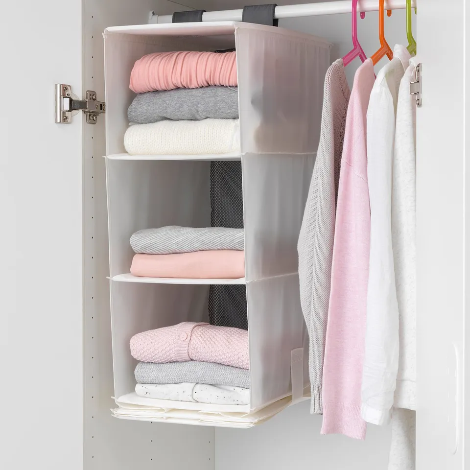 Hanging storage with 5 compartments, organising clothes and accessories in wardrobe.