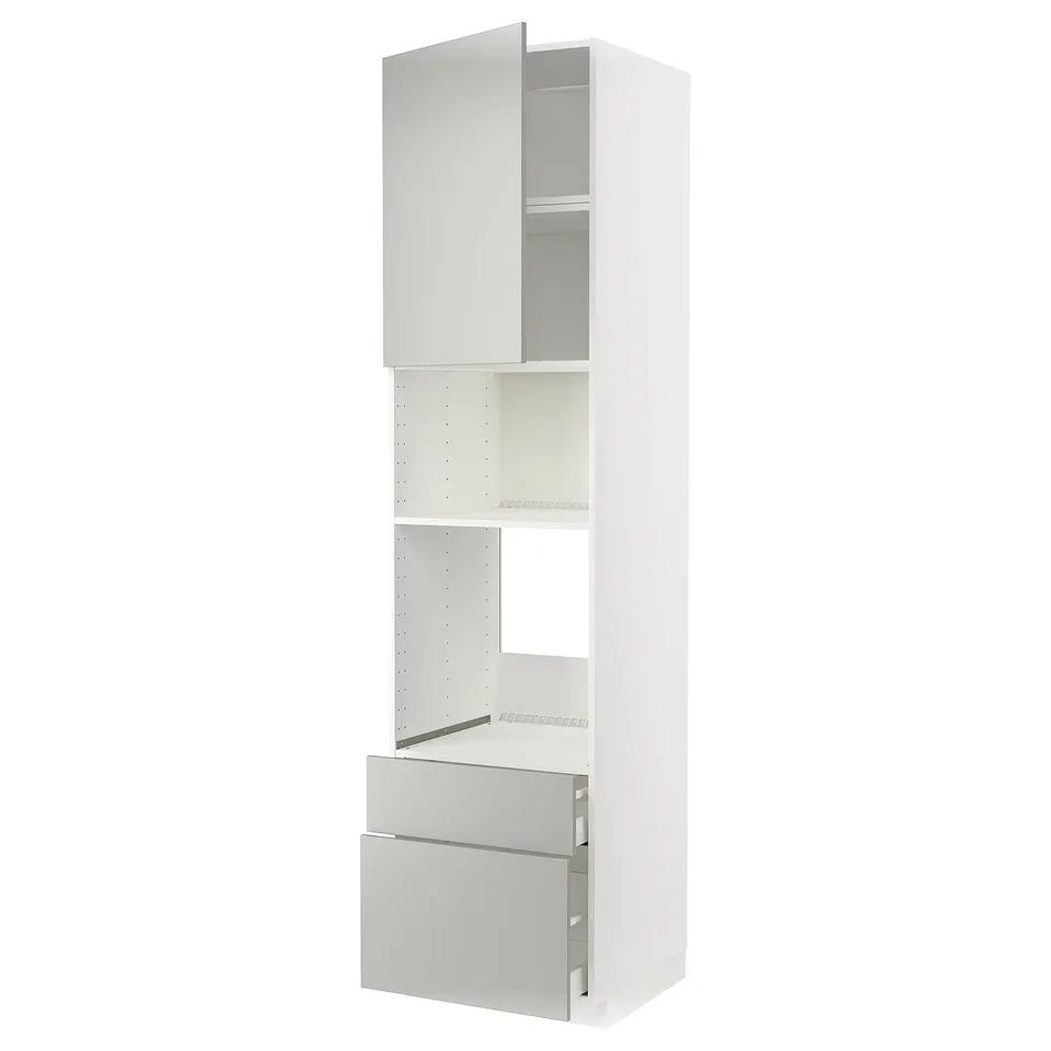 A white METOD kitchen unit with grey drawers and a cupboard. It a clean, modern design with multiple compartments for storage.