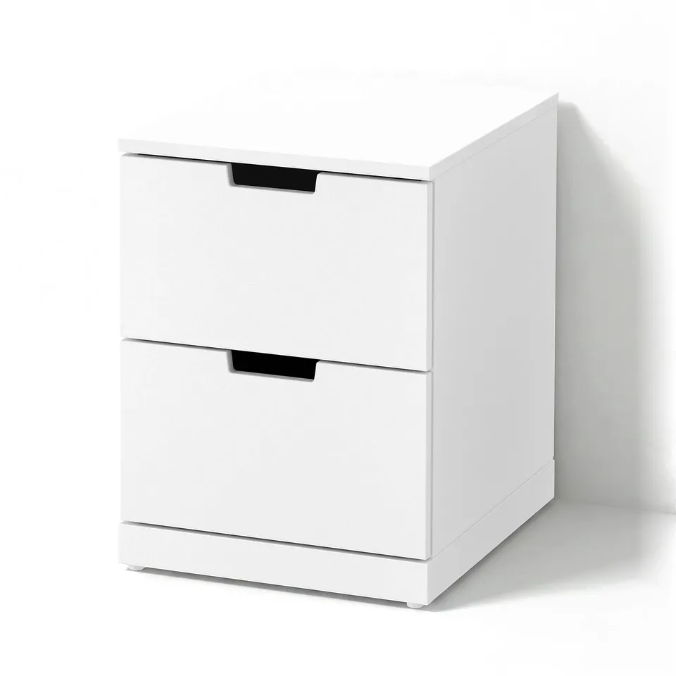 A NORDLI white chest with two drawers. Its compact, rectangular, and modern, featuring smooth black drawer handles.