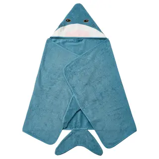 BLÅVINGAD towel with hood, shark-shaped/blue-grey, Length 140 x Width 70 cm