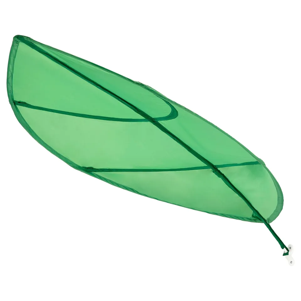 A green, leaf-shaped LÖVA bed canopy. Its designed with a decorative, curved edge and a narrow stem, made from polyester.