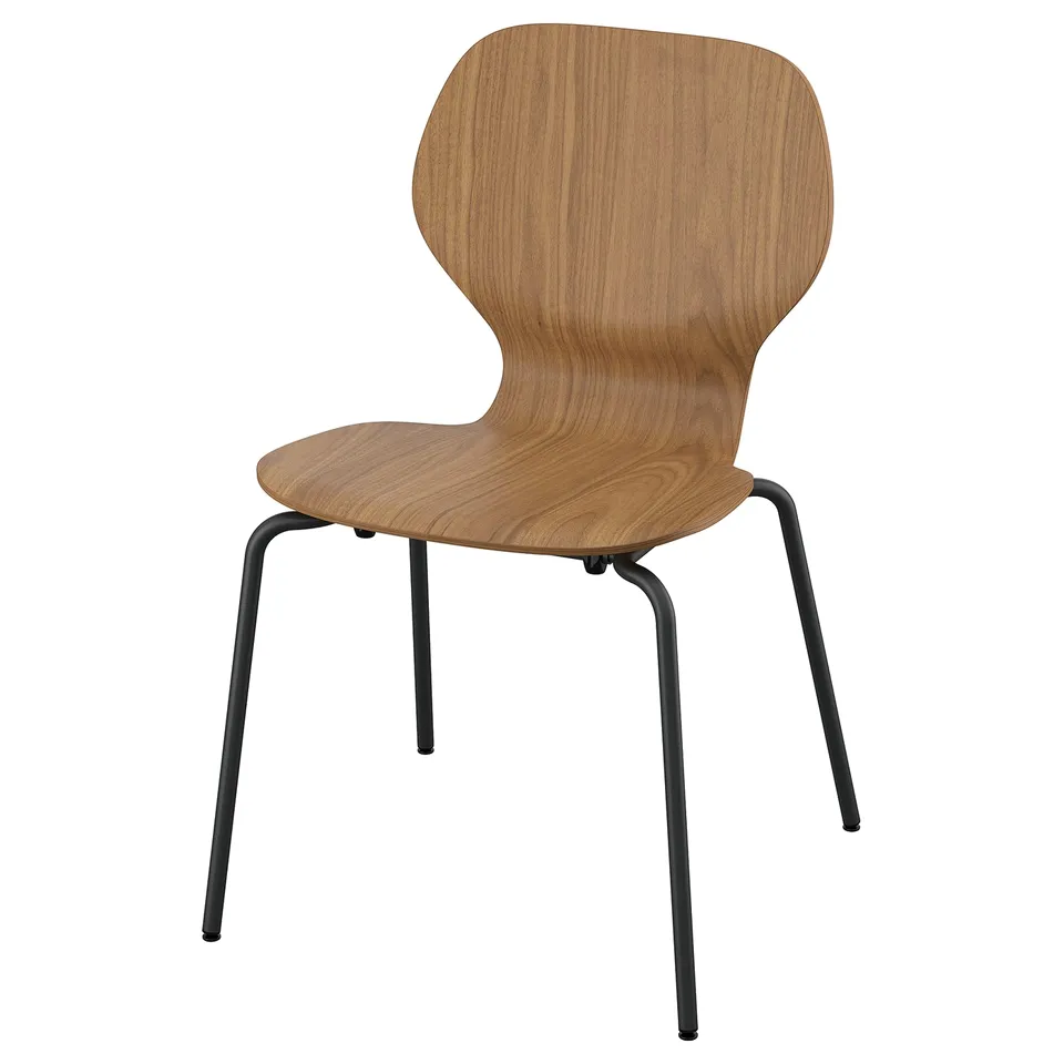 SKÅLSTA chair - wooden seat & curved back, black metal legs. Modern, minimalist design.