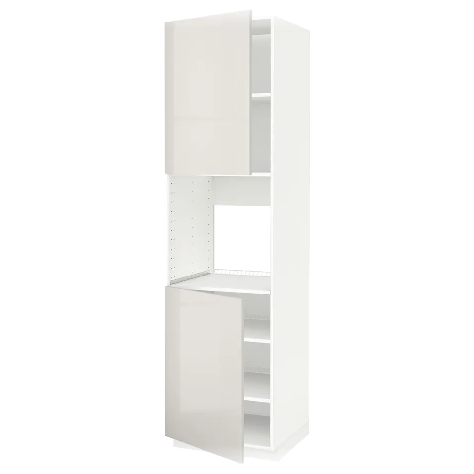 This image a white METOD kitchen cabinet with high-gloss finish. It has adjustable shelves and a modern, sleek design.