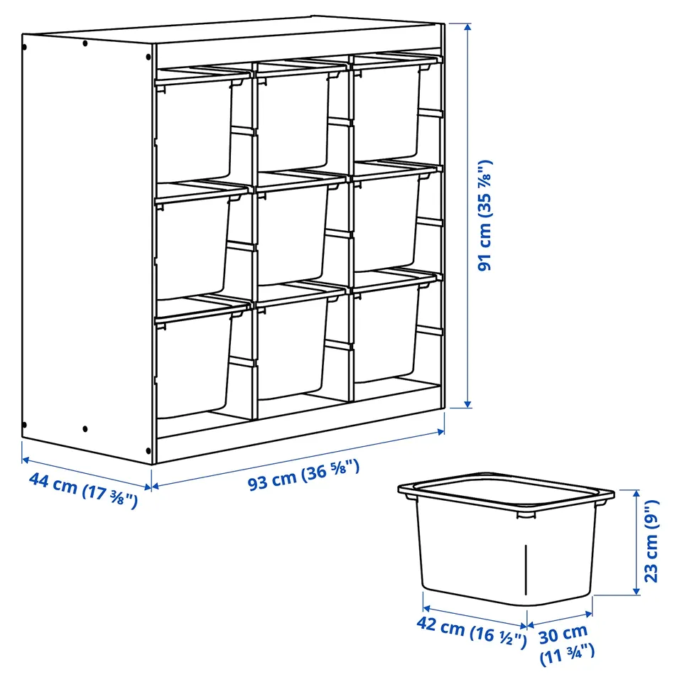 TROFAST Storage combination with boxes, room divider/light white stained pine dark grey, 93x44x91 cm