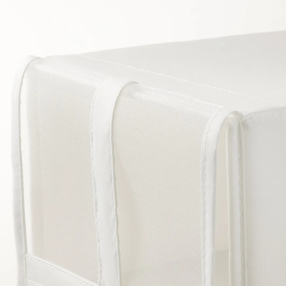 White mesh shoe box with hook-and-loop closure, featuring durable stitching and quality fabric, designed for air circulation and easy visibility.