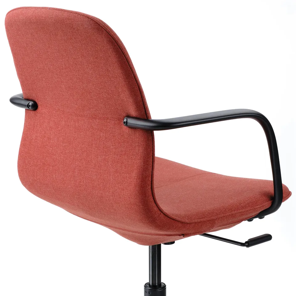 An a modern office chair with a red fabric seat and back, black armrests, and a tilt mechanism, designed for comfort and support.
