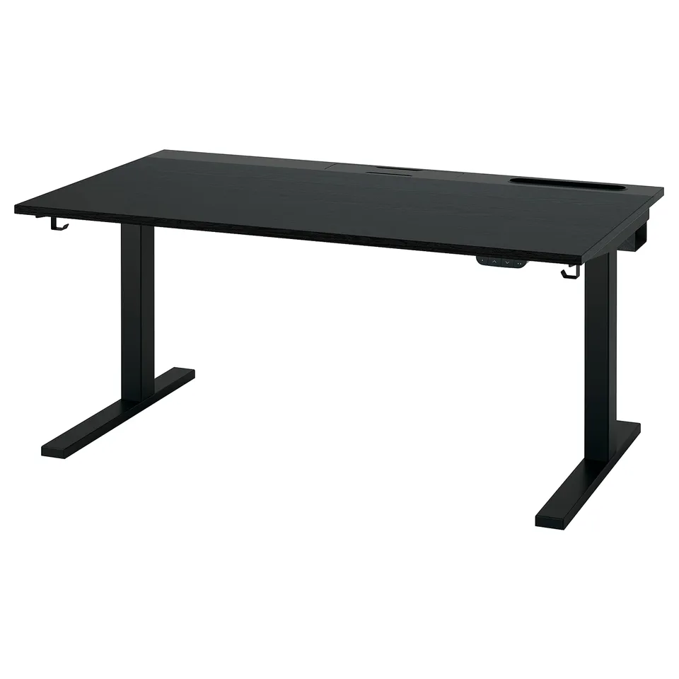 MITTZON black sit-stand desk, modern minimalist design with adjustable height, sturdy metal legs.