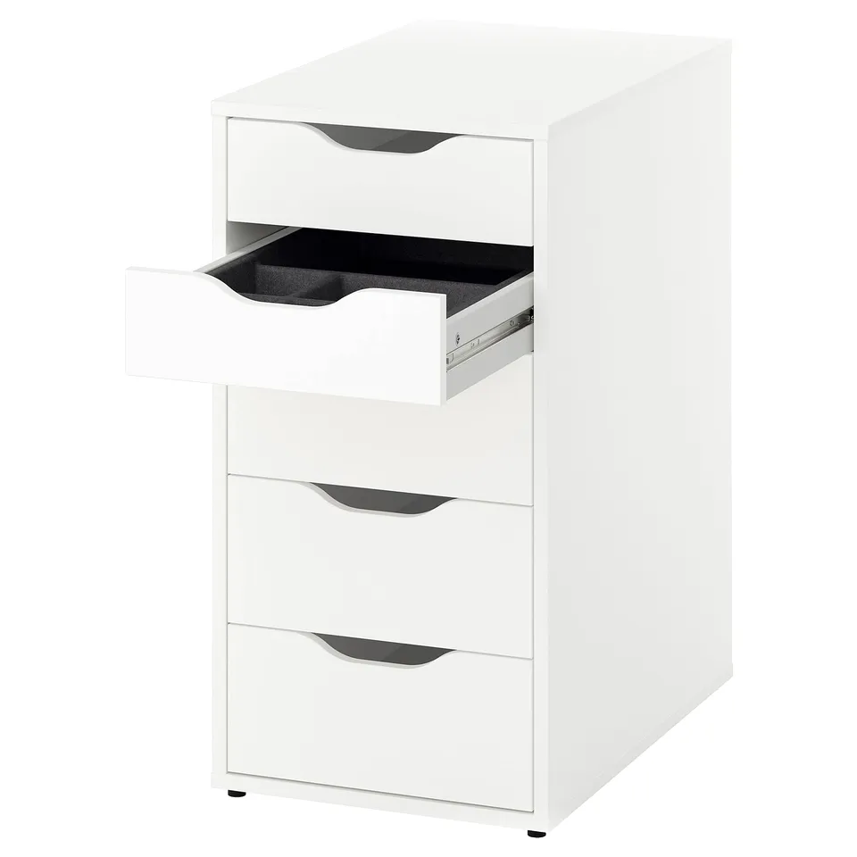 White ALEX drawer unit, 5 drawers, sleek minimalist design, made of particleboard and acrylic paint, great for storage.