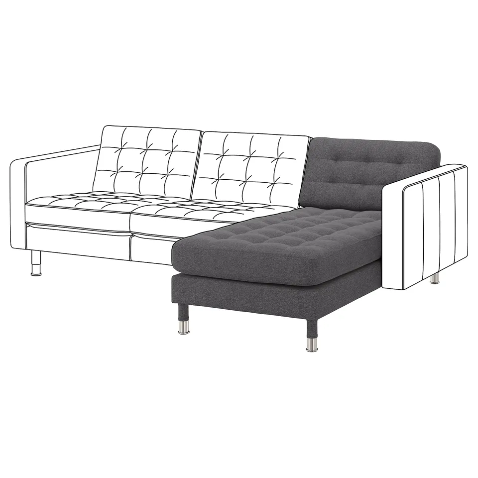 Modern grey sectional sofa with tufted cushions and metal legs.