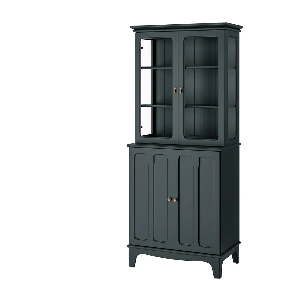 Dark grey LOMMARP cabinet with glass top and solid wood doors, featuring panel design and soft-close hinges.